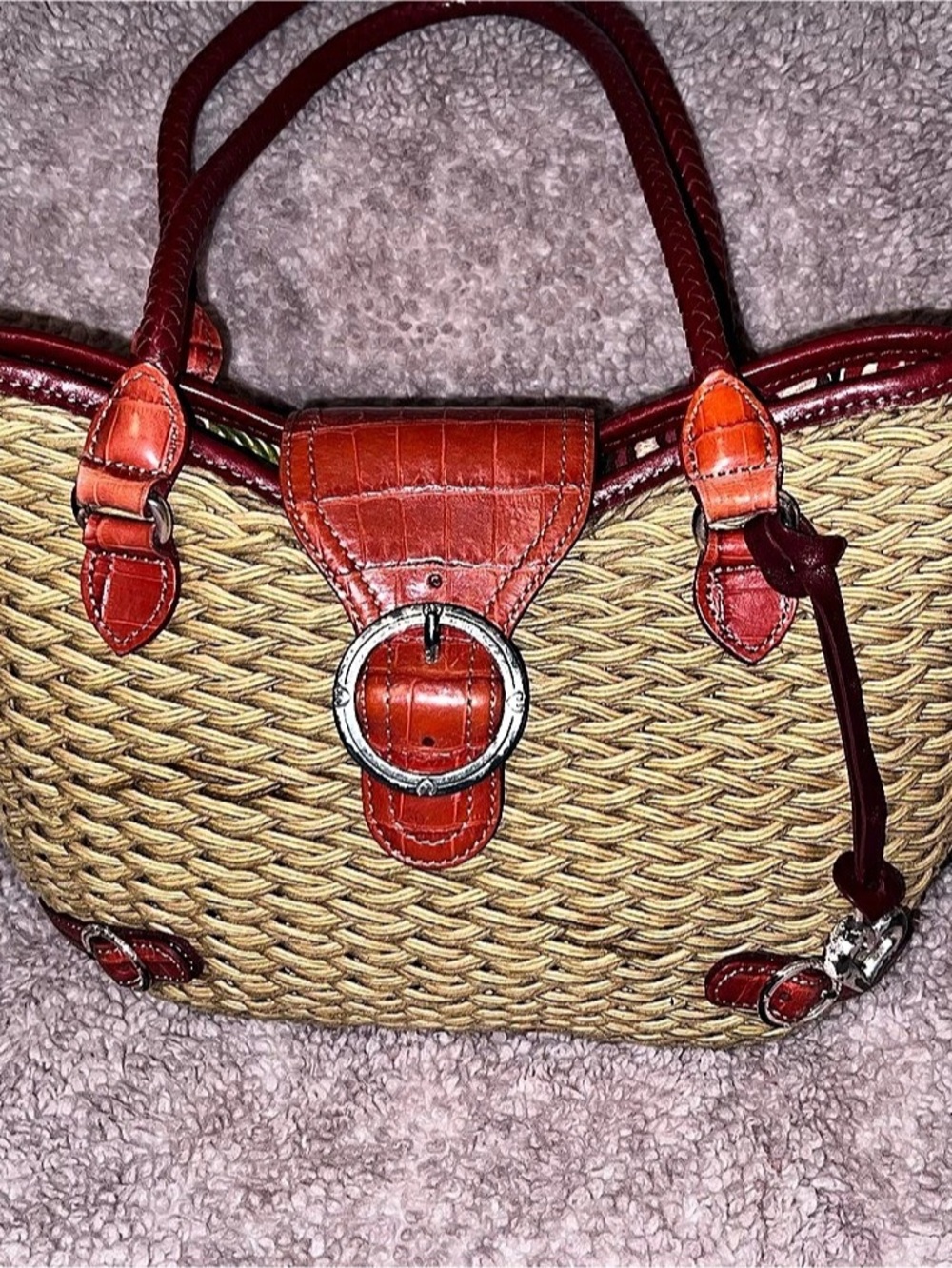 Brighton Tote Bag Woven Straw Red & Tan